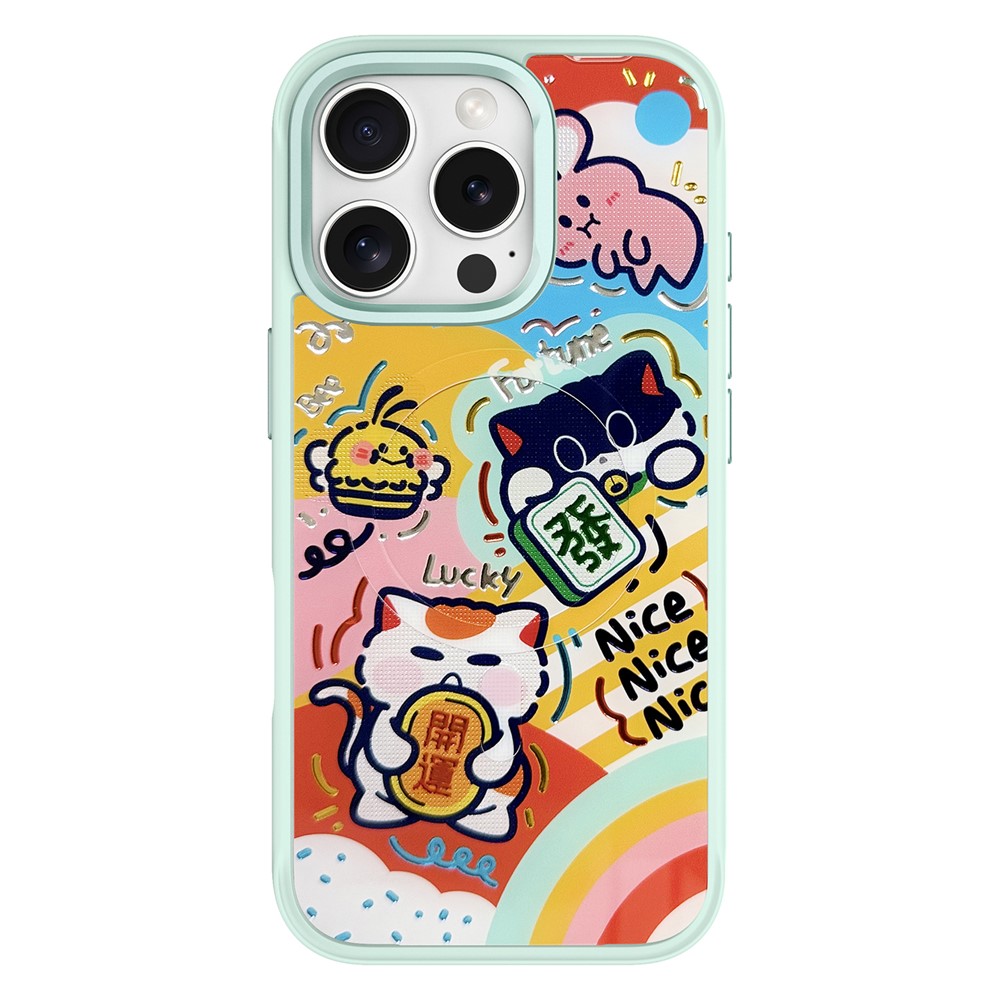 For iPhone 16 Pro Max Magnetic Case TPU PC Phone Cover with Detachable Green Lucky Cat Backplate - Green