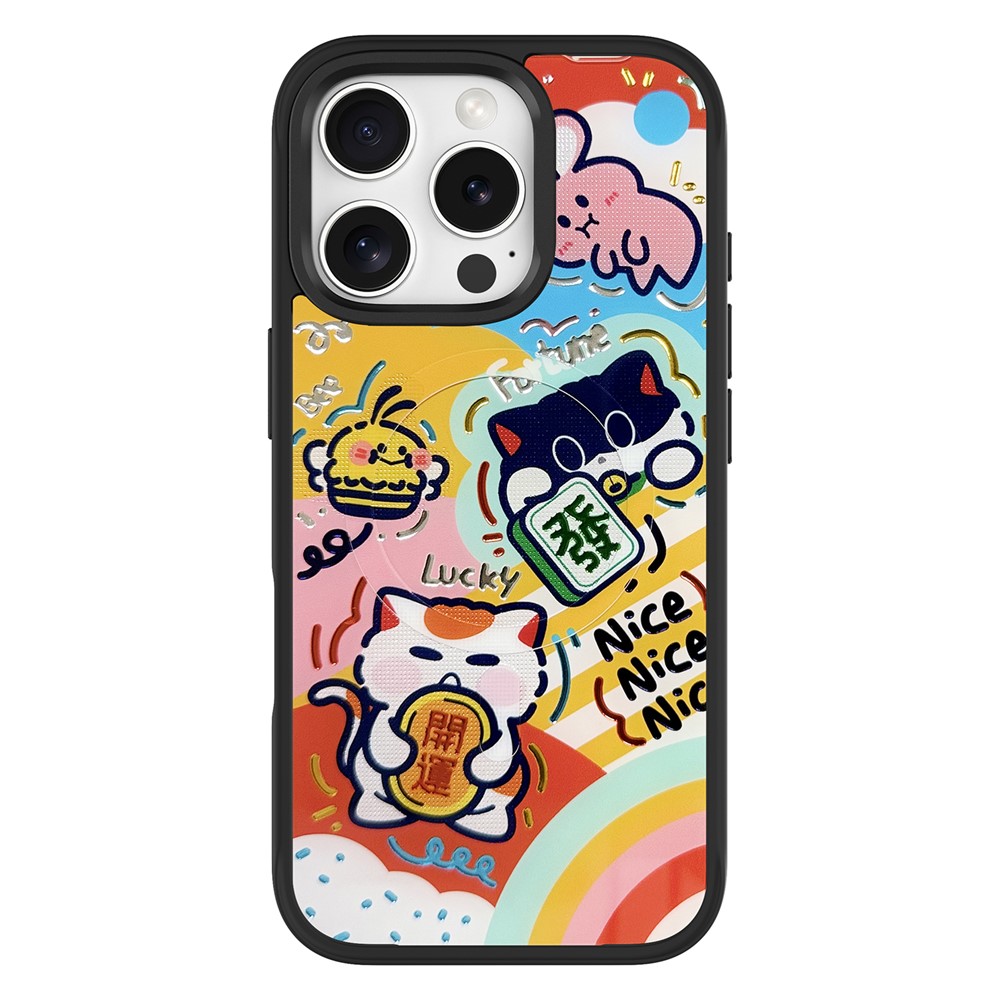 For iPhone 16 Pro Max Magnetic Case TPU PC Phone Cover with Detachable Green Lucky Cat Backplate - Black