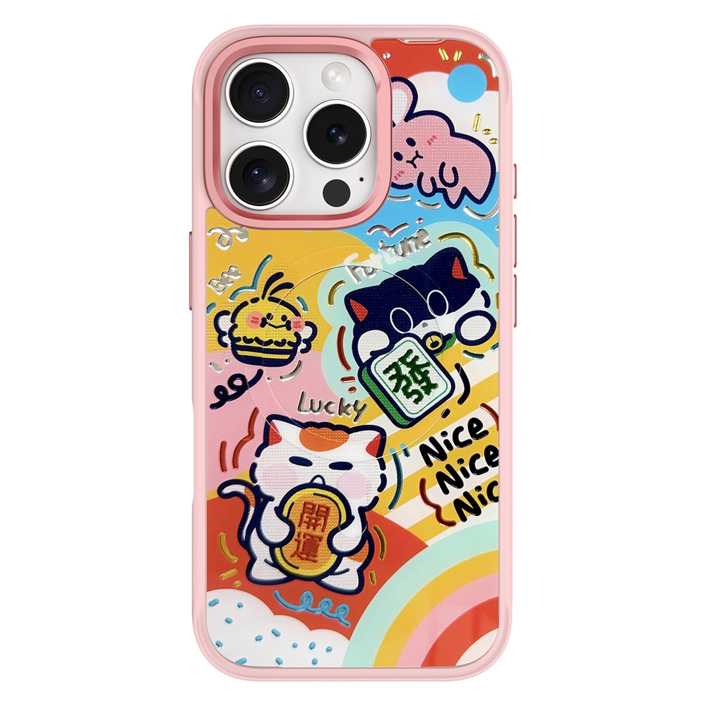 For iPhone 16 Pro Magnetic Case TPU PC Phone Cover with Detachable Green Lucky Cat Backplate - Pink