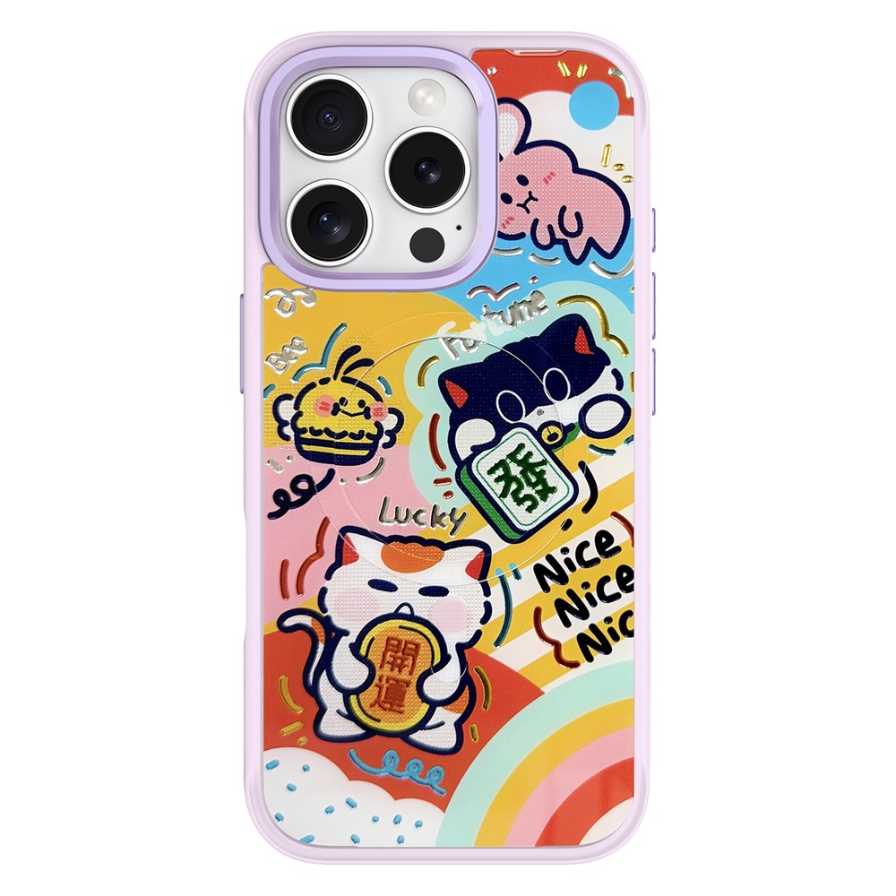 For iPhone 16 Pro Magnetic Case TPU PC Phone Cover with Detachable Green Lucky Cat Backplate - Purple