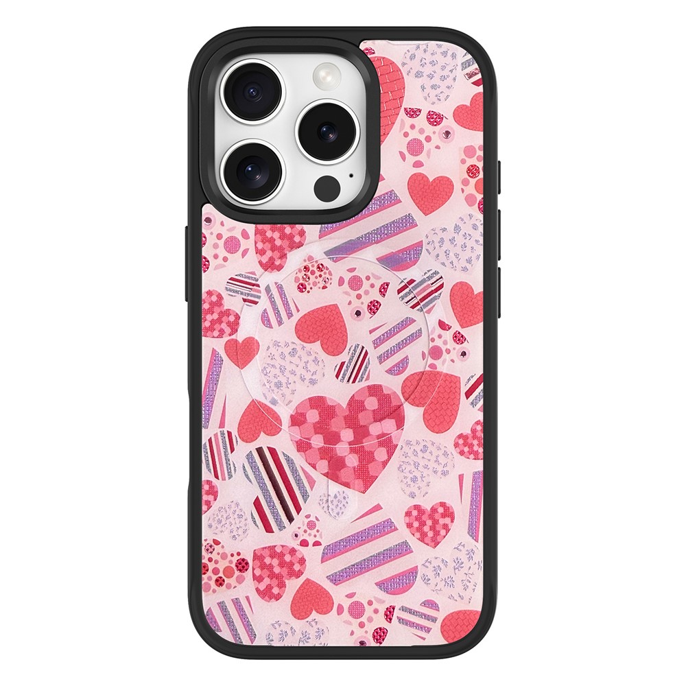 For iPhone 16 Pro Max Case Compatible with MagSafe Phone Cover with Detachable Love Heart Pattern Backplate - Black
