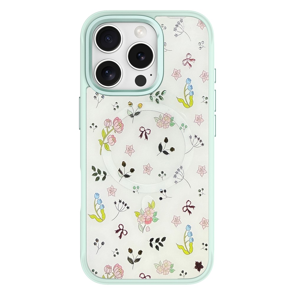 For iPhone 16 Pro Magnetic Case TPU PC Phone Cover with Detachable Spring Garden Backplate - Green