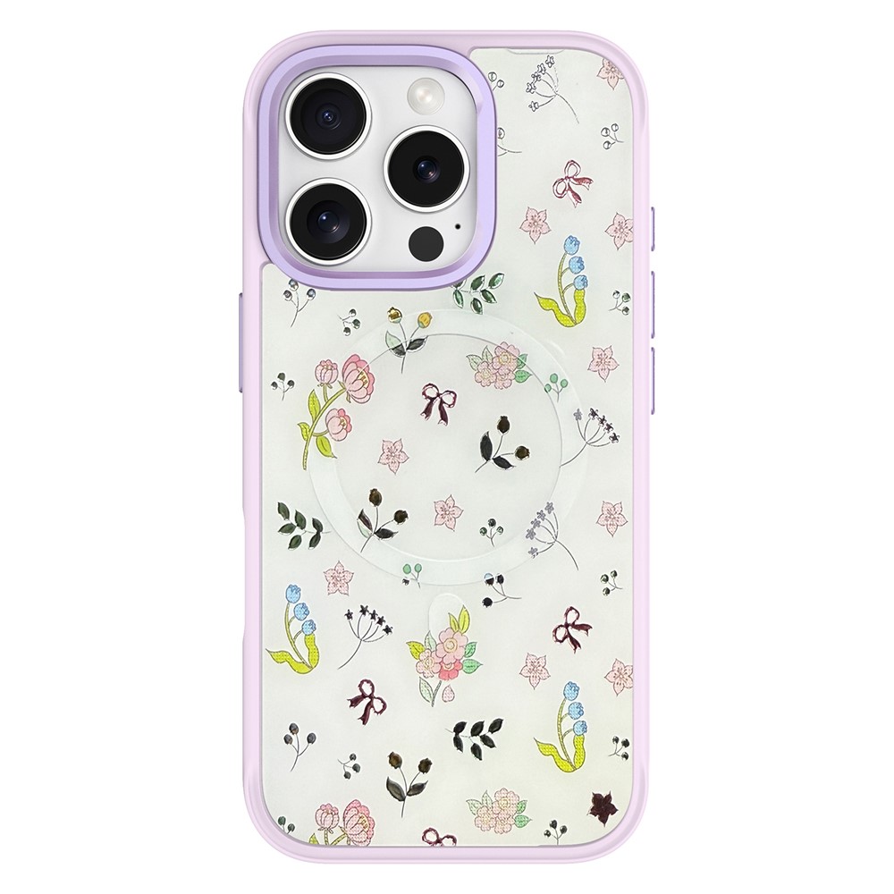 For iPhone 16 Pro Magnetic Case TPU PC Phone Cover with Detachable Spring Garden Backplate - Purple