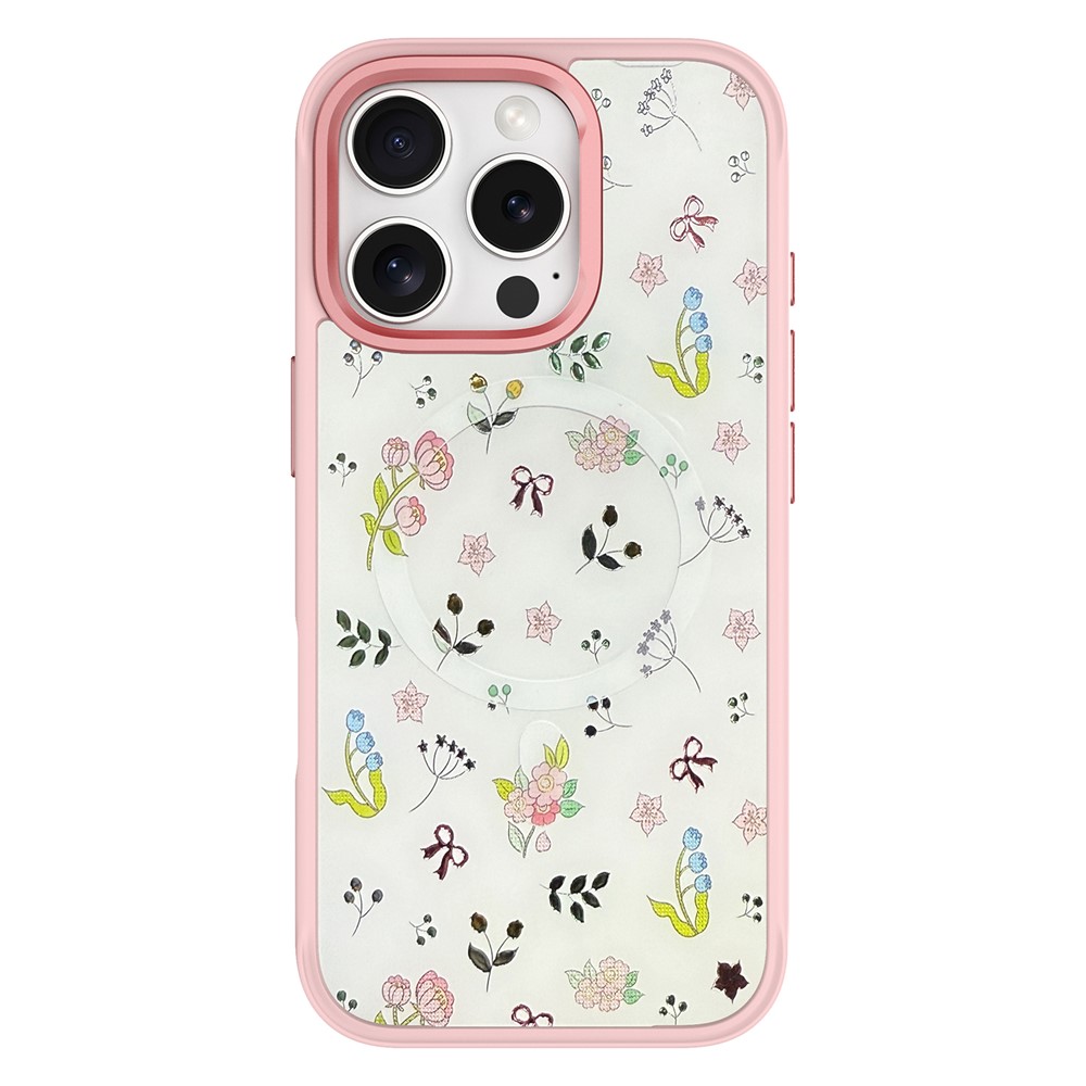 For iPhone 16 Pro Magnetic Case TPU PC Phone Cover with Detachable Spring Garden Backplate - Pink