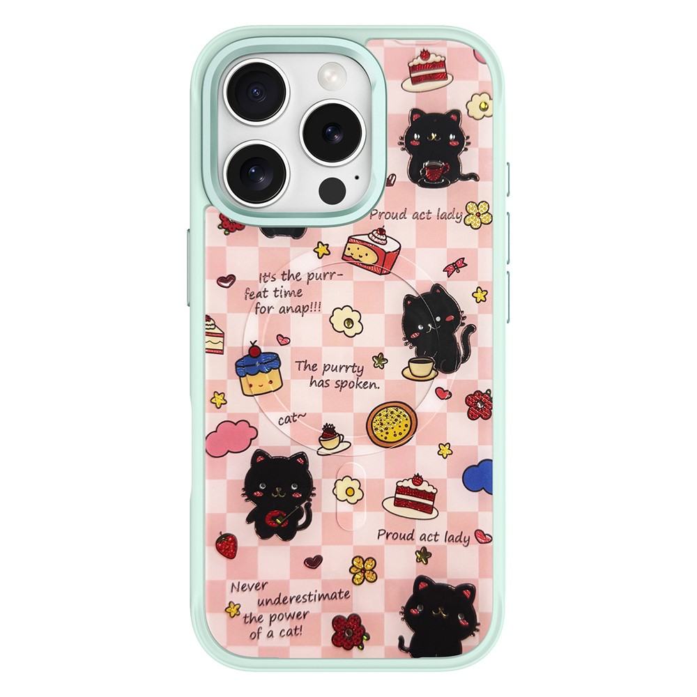 For iPhone 16 Pro Magnetic Case TPU PC Phone Cover with Detachable Happy Black Cat Backplate - Green