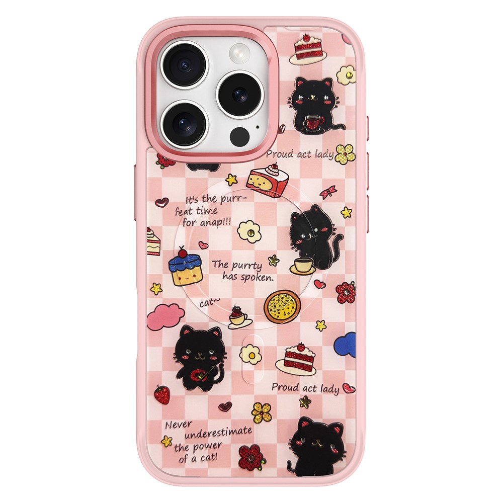 For iPhone 16 Pro Magnetic Case TPU PC Phone Cover with Detachable Happy Black Cat Backplate - Pink