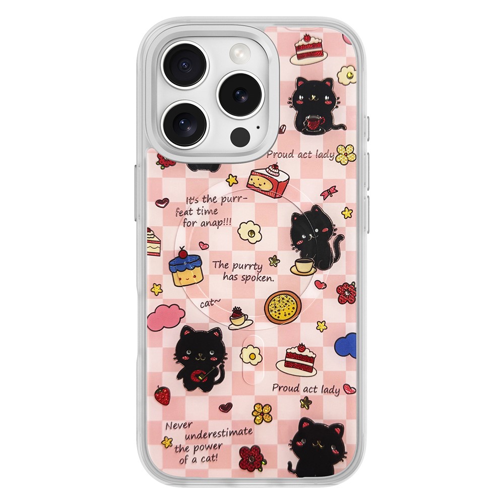 For iPhone 16 Pro Magnetic Case TPU PC Phone Cover with Detachable Happy Black Cat Backplate - Silver