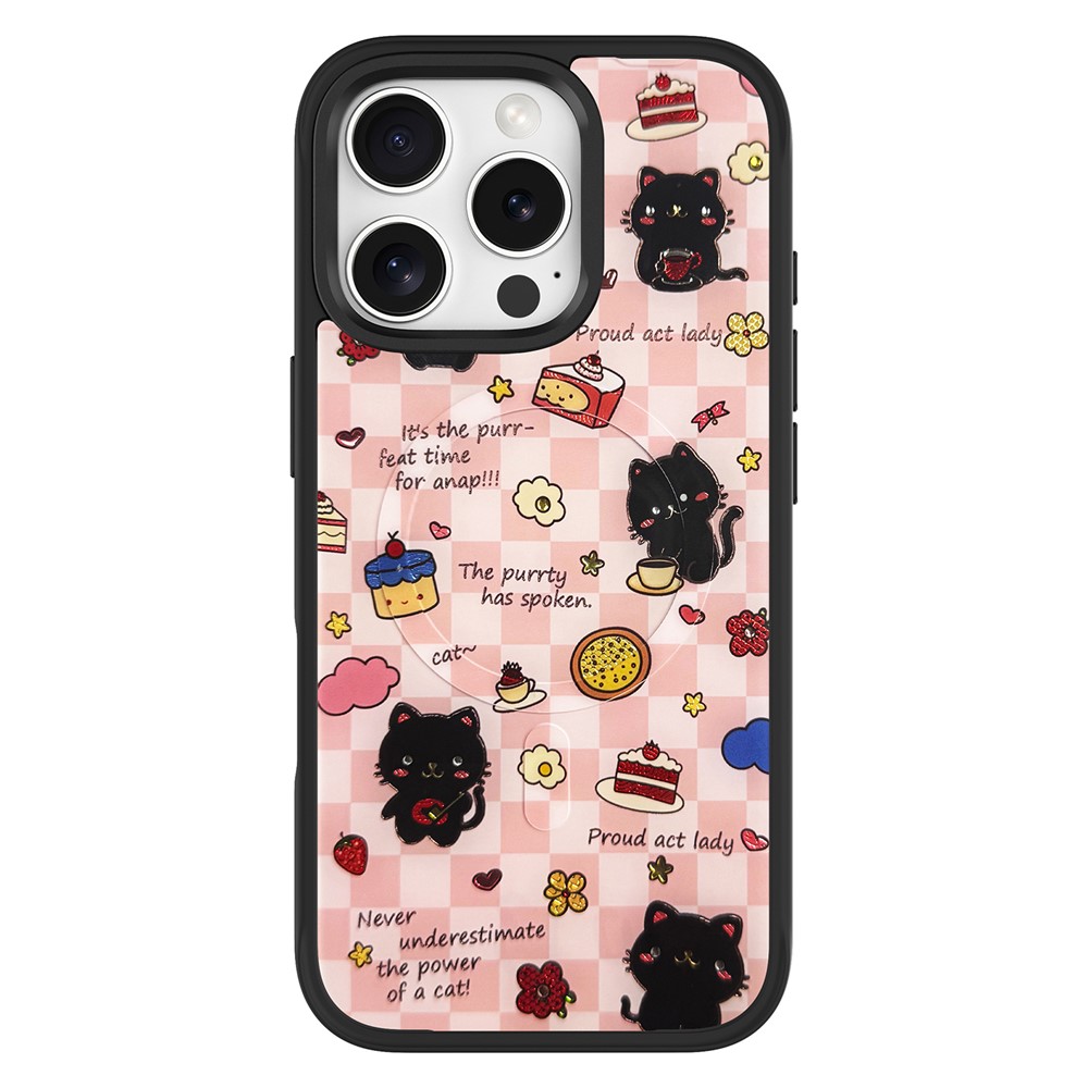 For iPhone 16 Pro Magnetic Case TPU PC Phone Cover with Detachable Happy Black Cat Backplate - Black