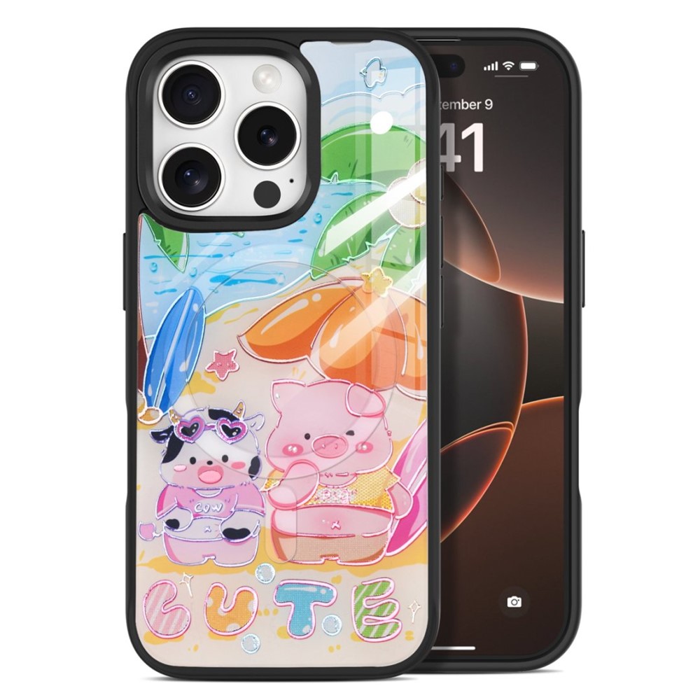For iPhone 16 Pro Max Magnetic Case TPU PC Phone Cover with Detachable Cute Piggy Backplate - Black