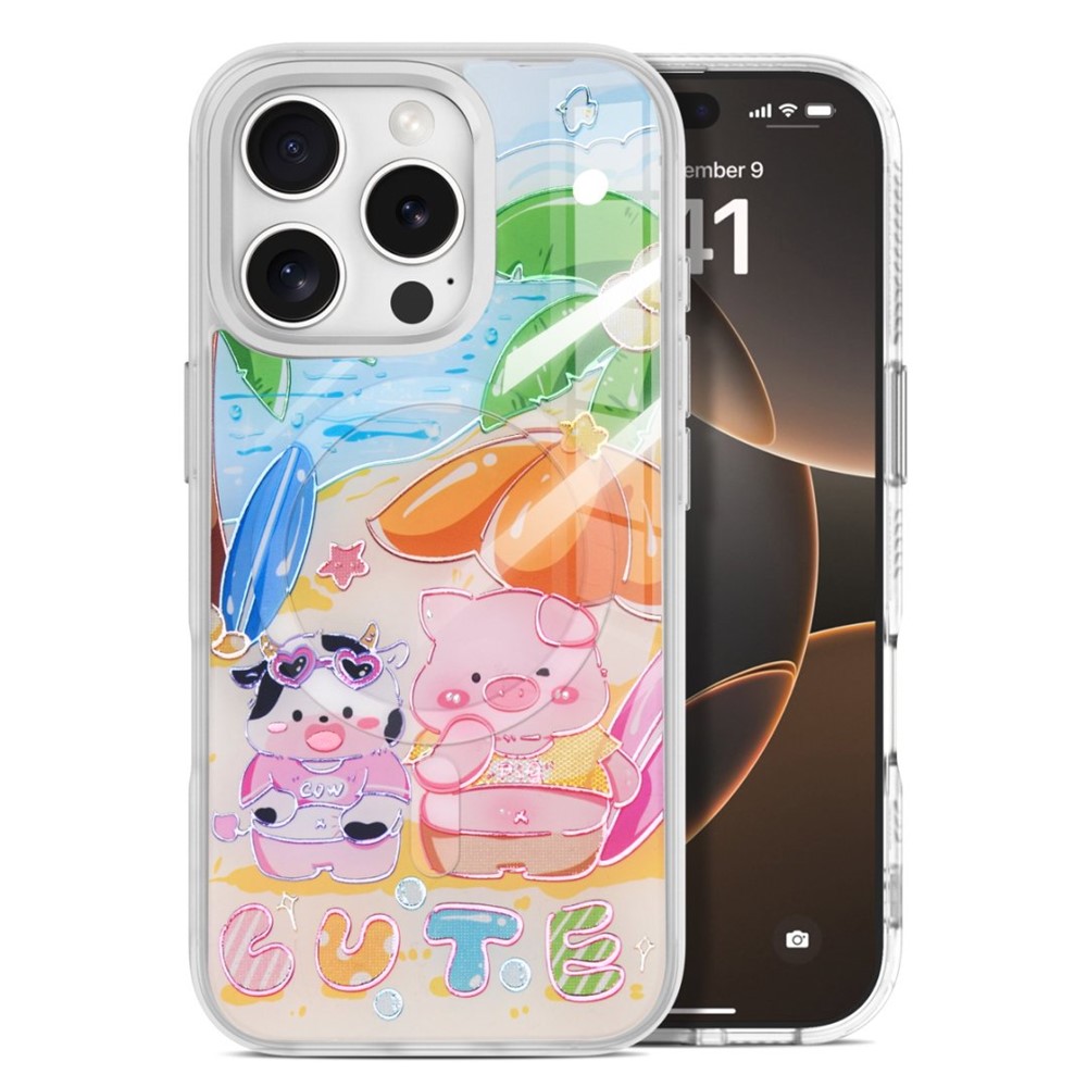For iPhone 16 Pro Max Magnetic Case TPU PC Phone Cover with Detachable Cute Piggy Backplate - Silver