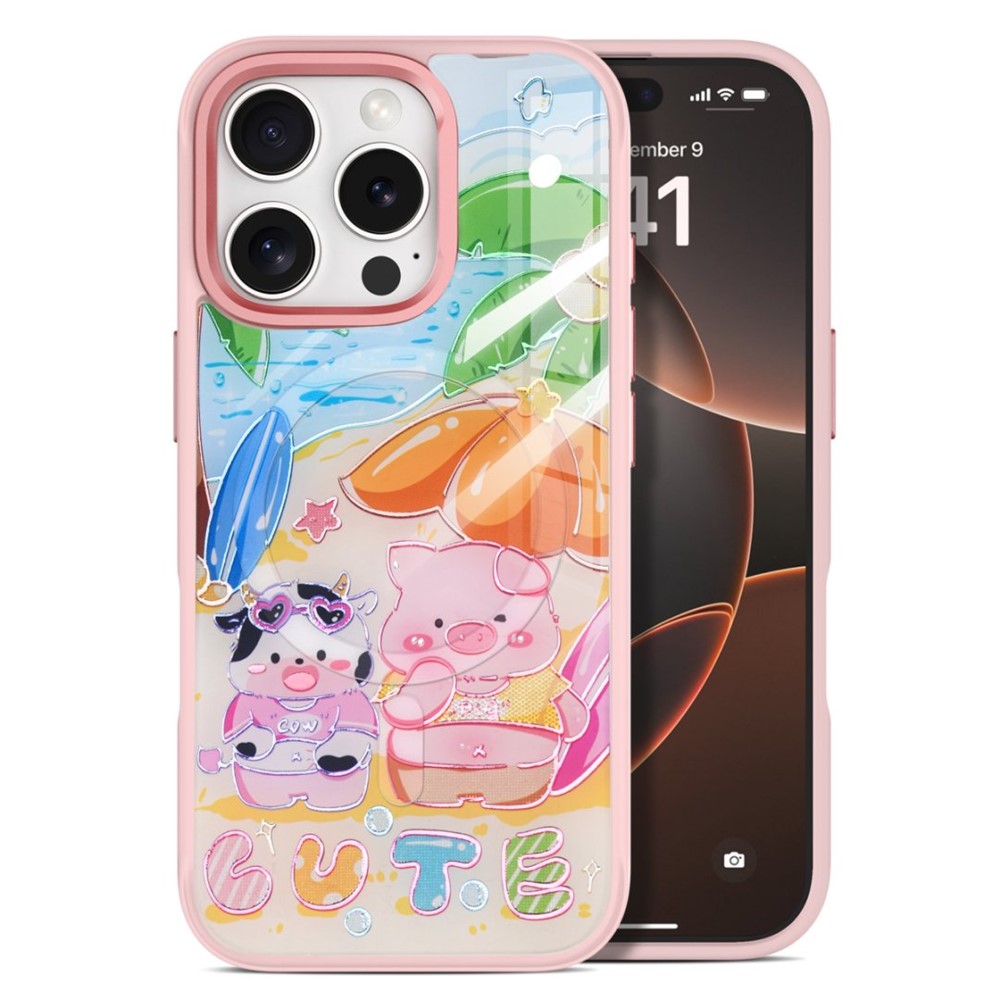 For iPhone 16 Pro Max Magnetic Case TPU PC Phone Cover with Detachable Cute Piggy Backplate - Pink