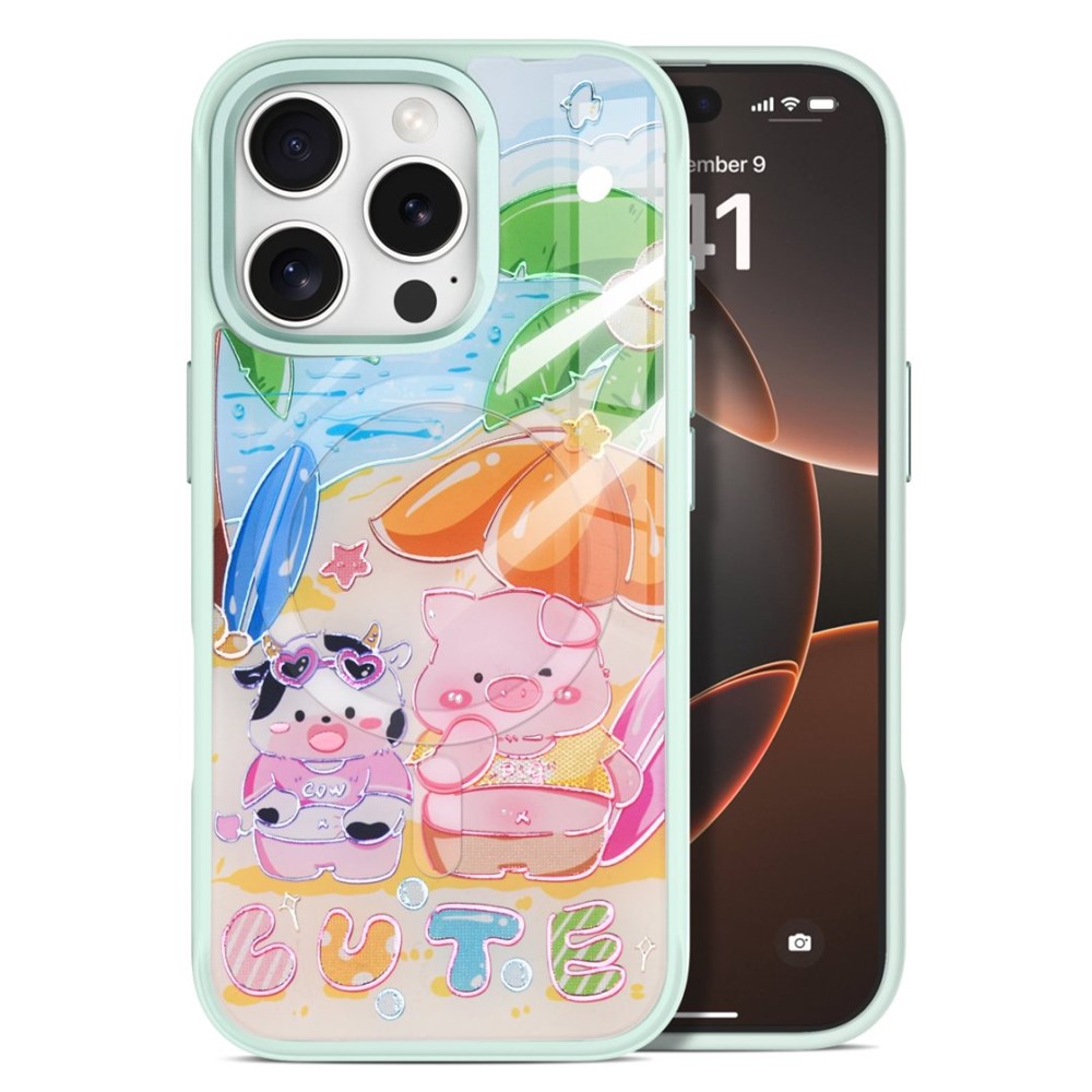 For iPhone 16 Pro Magnetic Case TPU PC Phone Cover with Detachable Cute Piggy Backplate - Green