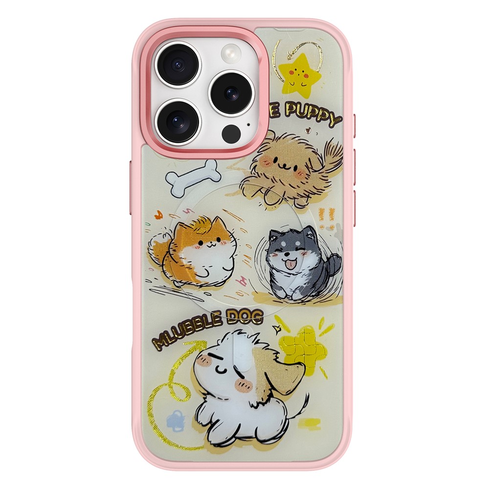 For iPhone 16 Pro Max Magnetic Case TPU PC Phone Cover with Detachable Whirlwind Dog Backplate - Pink