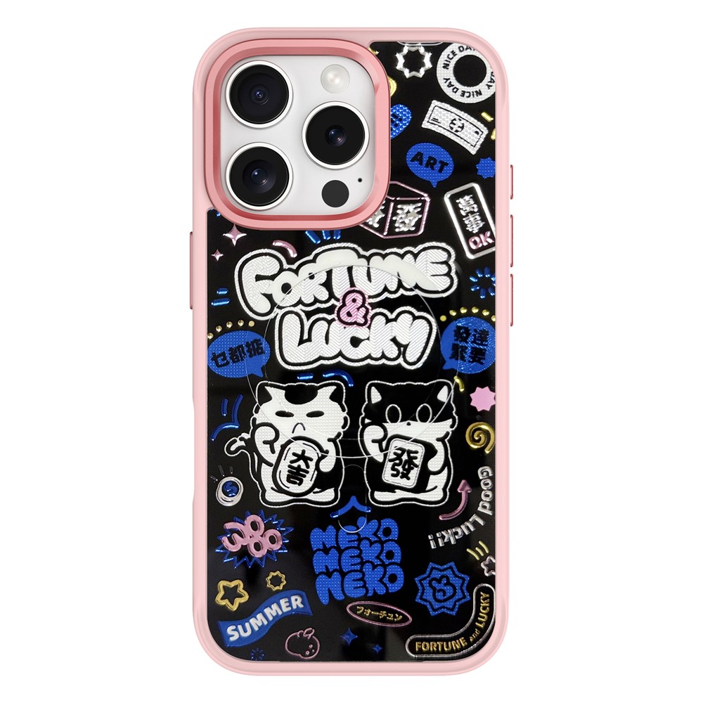 For iPhone 16 Pro Max Magnetic Case TPU PC Phone Cover with Detachable Blue Lucky Cat Backplate - Pink