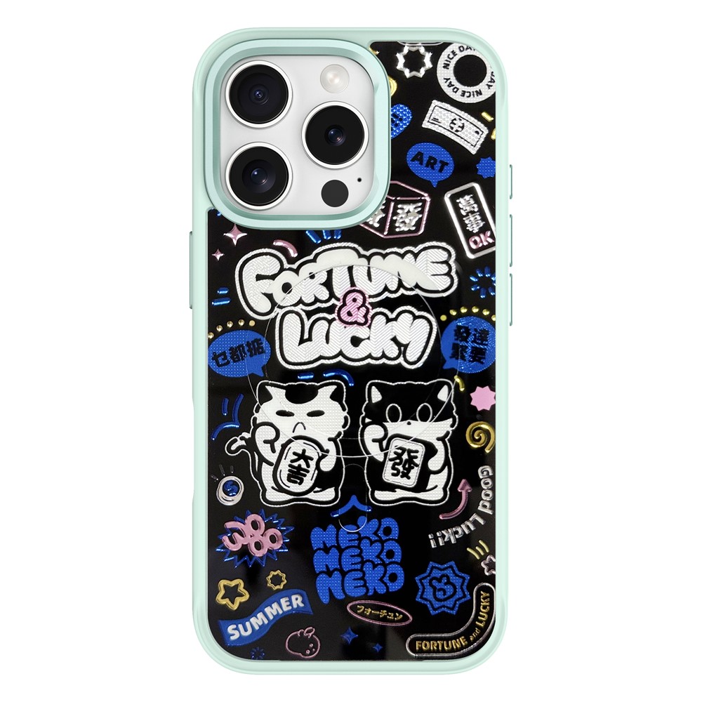 For iPhone 16 Pro Max Magnetic Case TPU PC Phone Cover with Detachable Blue Lucky Cat Backplate - Green