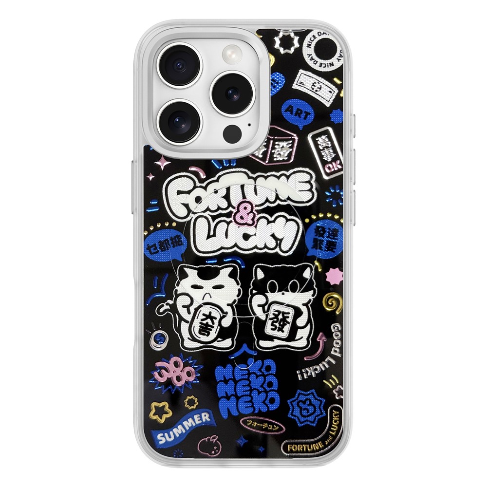 For iPhone 16 Pro Magnetic Case TPU PC Phone Cover with Detachable Blue Lucky Cat Backplate - Silver
