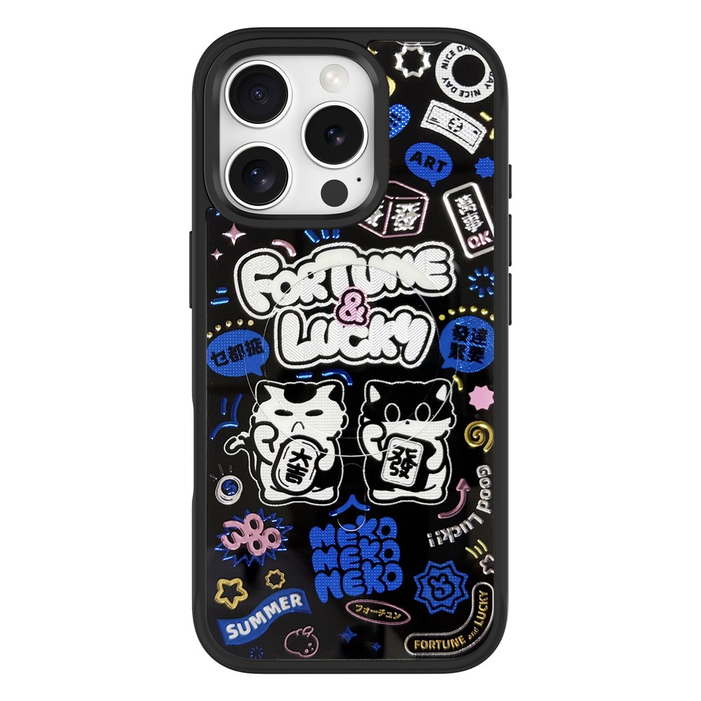 For iPhone 16 Pro Magnetic Case TPU PC Phone Cover with Detachable Blue Lucky Cat Backplate - Black