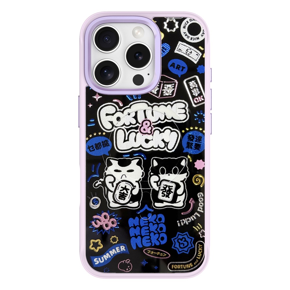 For iPhone 16 Pro Magnetic Case TPU PC Phone Cover with Detachable Blue Lucky Cat Backplate - Purple