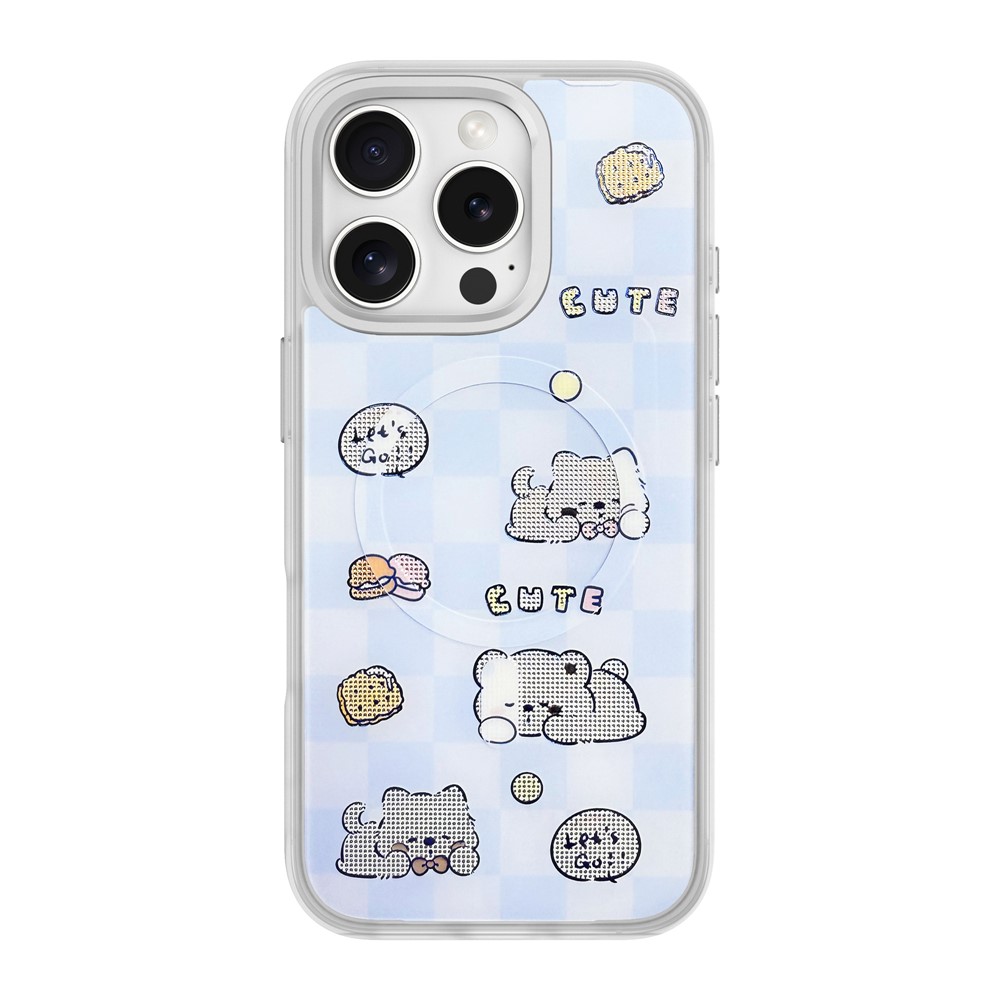 For iPhone 16 Pro Max Magnetic Case TPU PC Phone Cover with Detachable Cookie Bear Blue Backplate - Silver