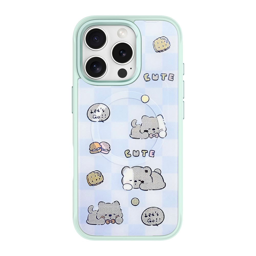 For iPhone 16 Pro Magnetic Case TPU PC Phone Cover with Detachable Cookie Bear Blue Backplate - Green