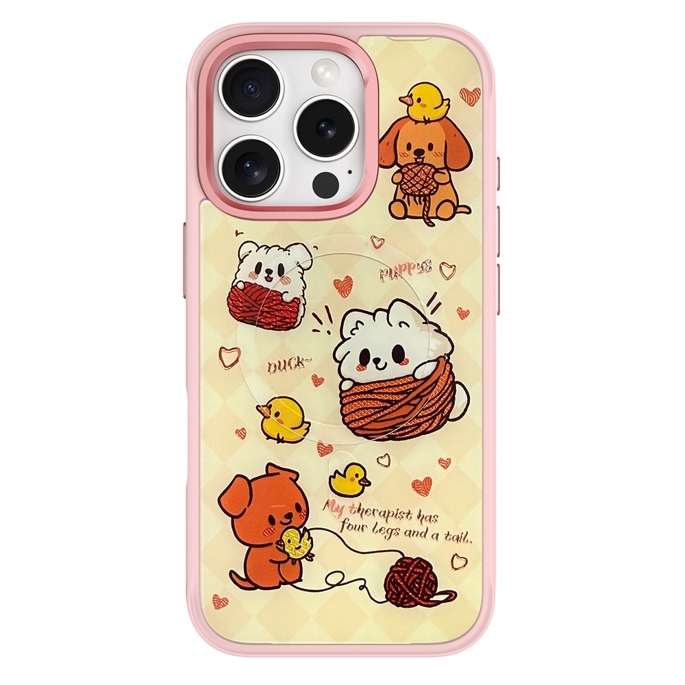For iPhone 16 Pro Max Magnetic Case TPU PC Phone Cover with Yellow Duck Knitted Cat Backplate - Pink