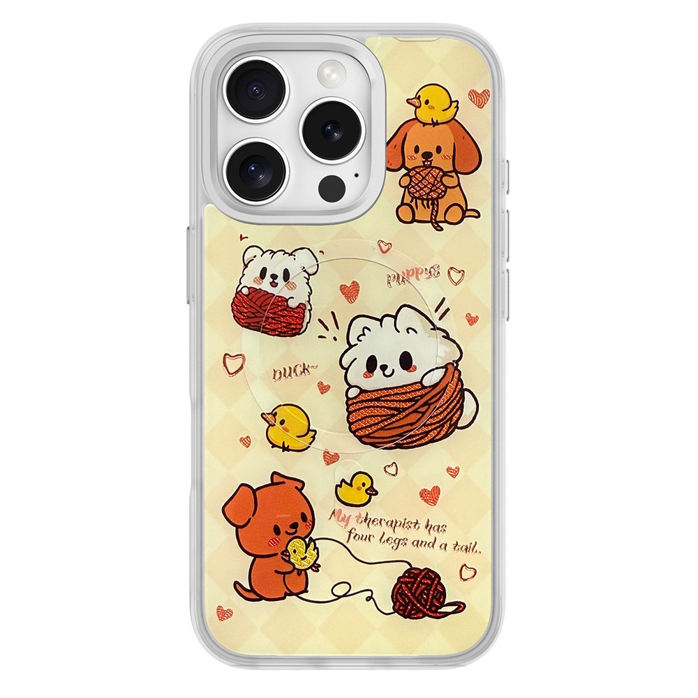 For iPhone 16 Pro Max Magnetic Case TPU PC Phone Cover with Yellow Duck Knitted Cat Backplate - Silver