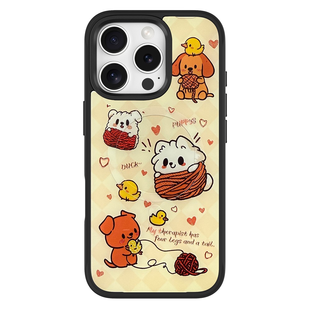 For iPhone 16 Pro Max Magnetic Case TPU PC Phone Cover with Yellow Duck Knitted Cat Backplate - Black