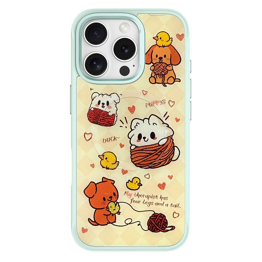 For iPhone 16 Pro Magnetic Case TPU PC Phone Cover with Yellow Duck Knitted Cat Backplate - Green