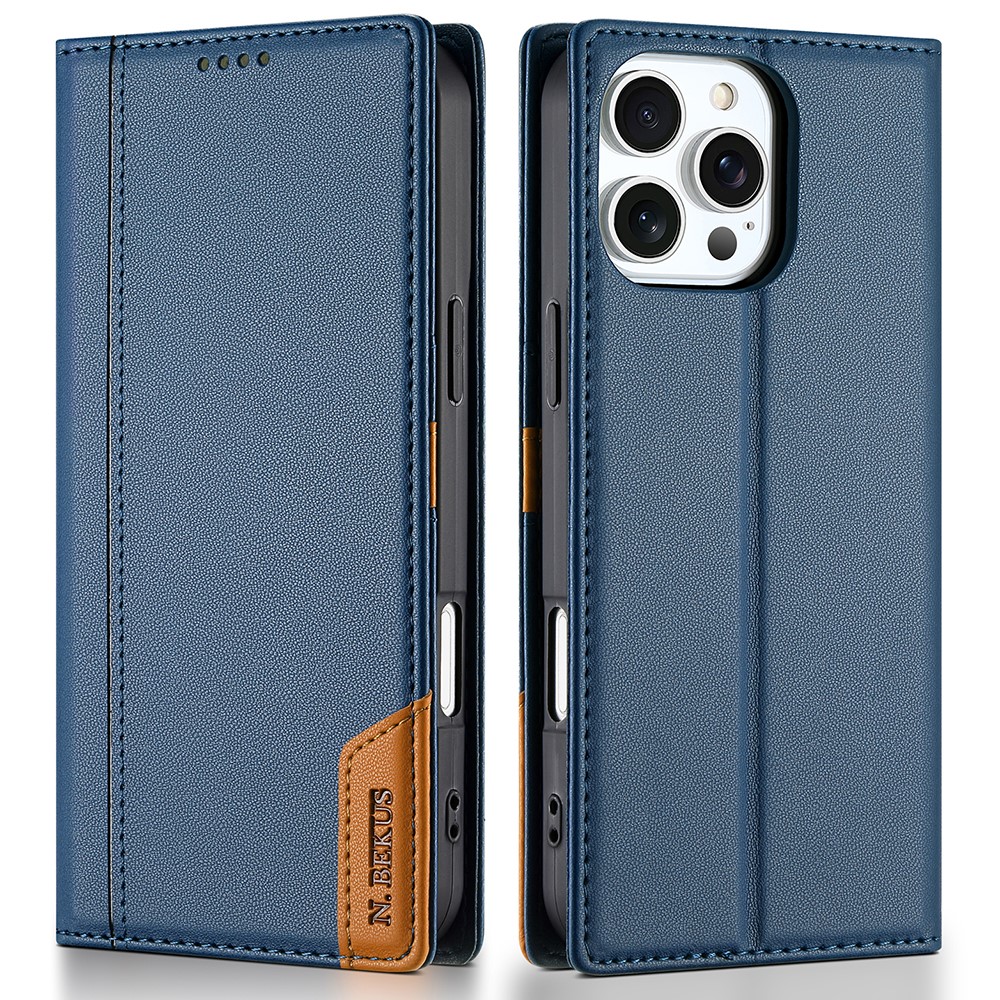 N.BEKUS P3 For iPhone 16 Pro Case RFID Blocking Wallet Stand PU Leather Flip Phone Cover - Blue