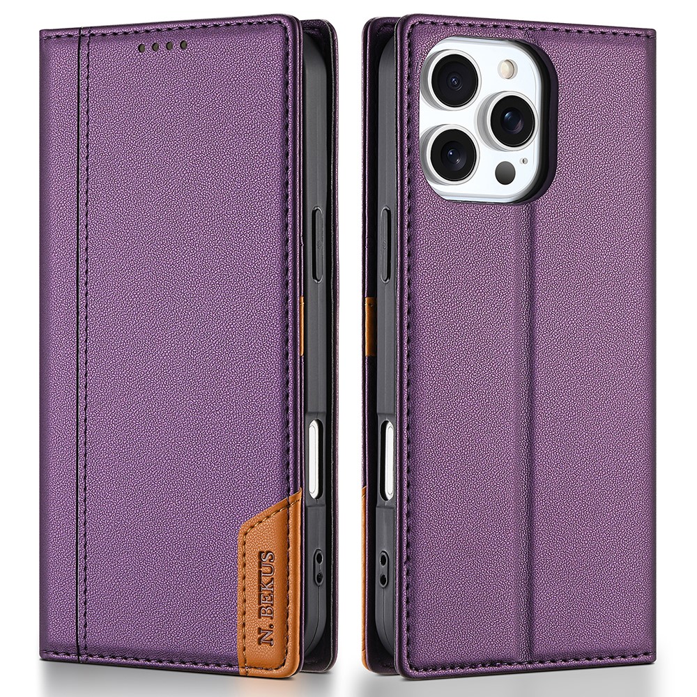 N.BEKUS P3 For iPhone 16 Pro Case RFID Blocking Wallet Stand PU Leather Flip Phone Cover - Purple