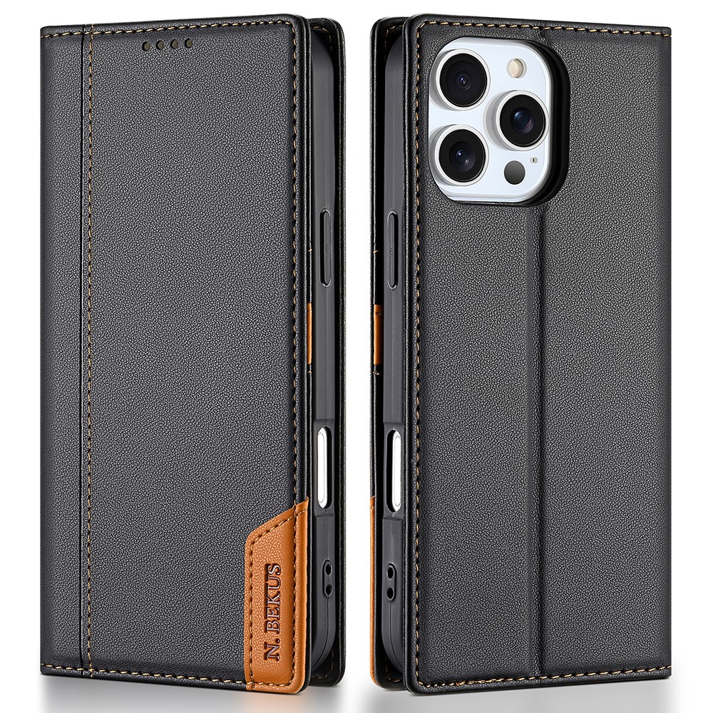 N.BEKUS P3 For iPhone 16 Pro Max Case RFID Blocking Wallet Stand PU Leather Flip Phone Cover - Black