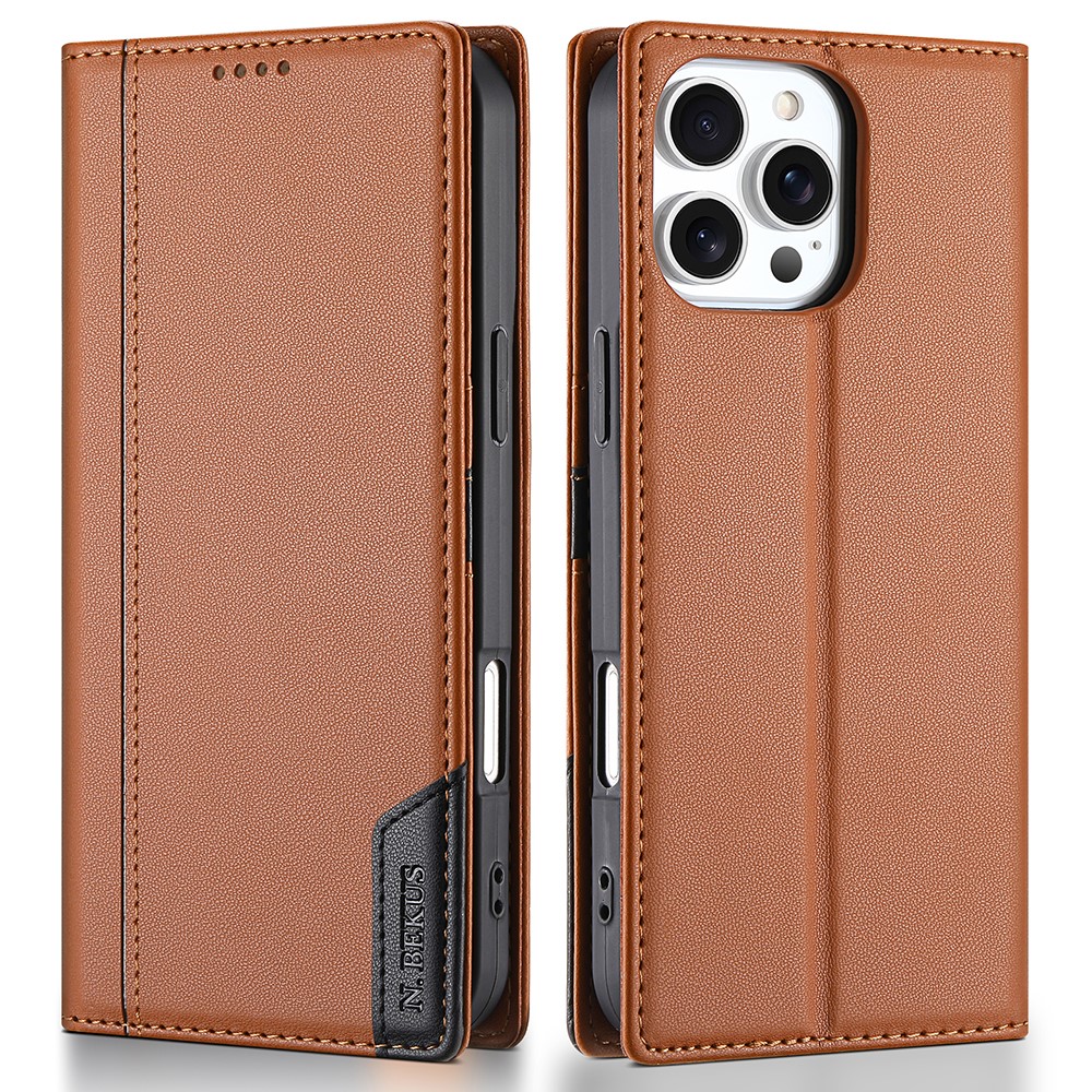 N.BEKUS P3 For iPhone 16 Pro Max Case RFID Blocking Wallet Stand PU Leather Flip Phone Cover - Brown