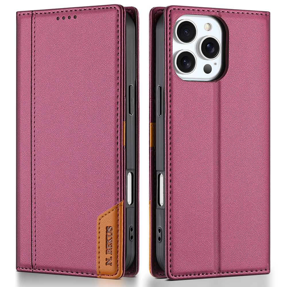 N.BEKUS P3 For iPhone 16 Pro Max Case RFID Blocking Wallet Stand PU Leather Flip Phone Cover - Wine Red
