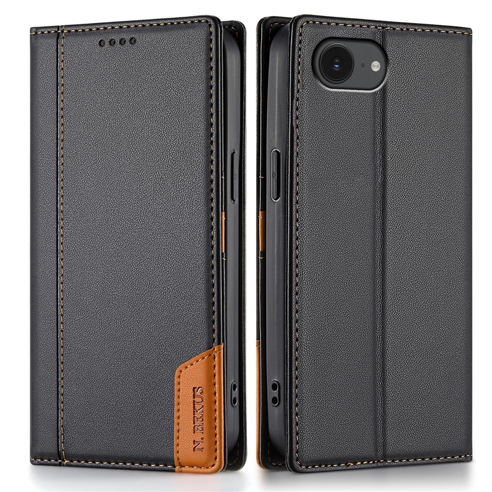 N.BEKUS P3 For iPhone 16e Case RFID Blocking Wallet Stand PU Leather Flip Phone Cover - Black