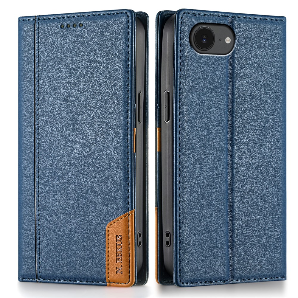 N.BEKUS P3 For iPhone 16e Case RFID Blocking Wallet Stand PU Leather Flip Phone Cover - Blue