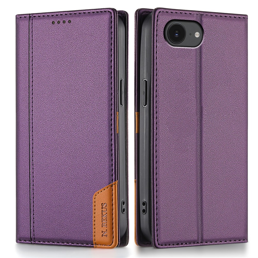 N.BEKUS P3 For iPhone 16e Case RFID Blocking Wallet Stand PU Leather Flip Phone Cover - Purple