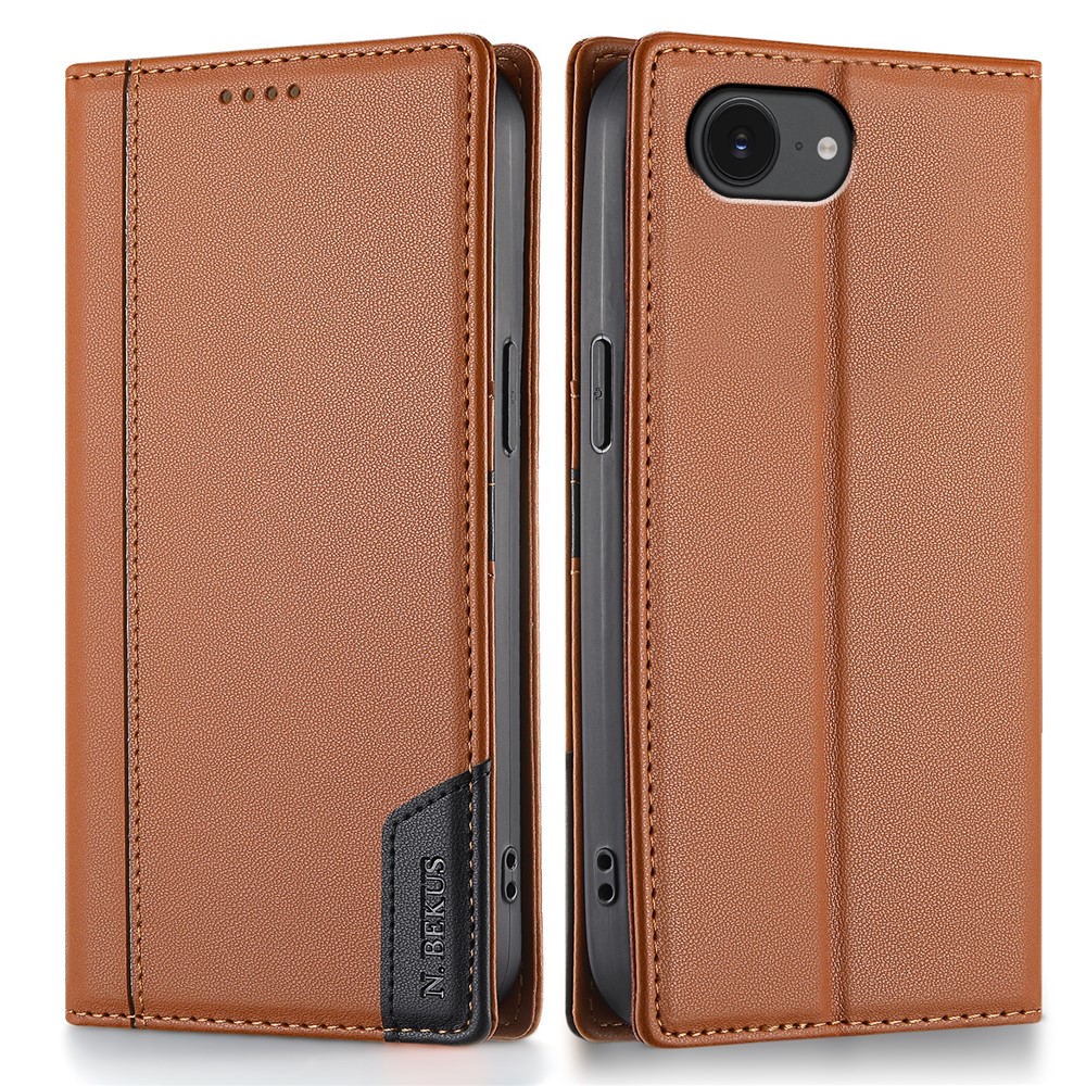 N.BEKUS P3 For iPhone 16e Case RFID Blocking Wallet Stand PU Leather Flip Phone Cover - Brown