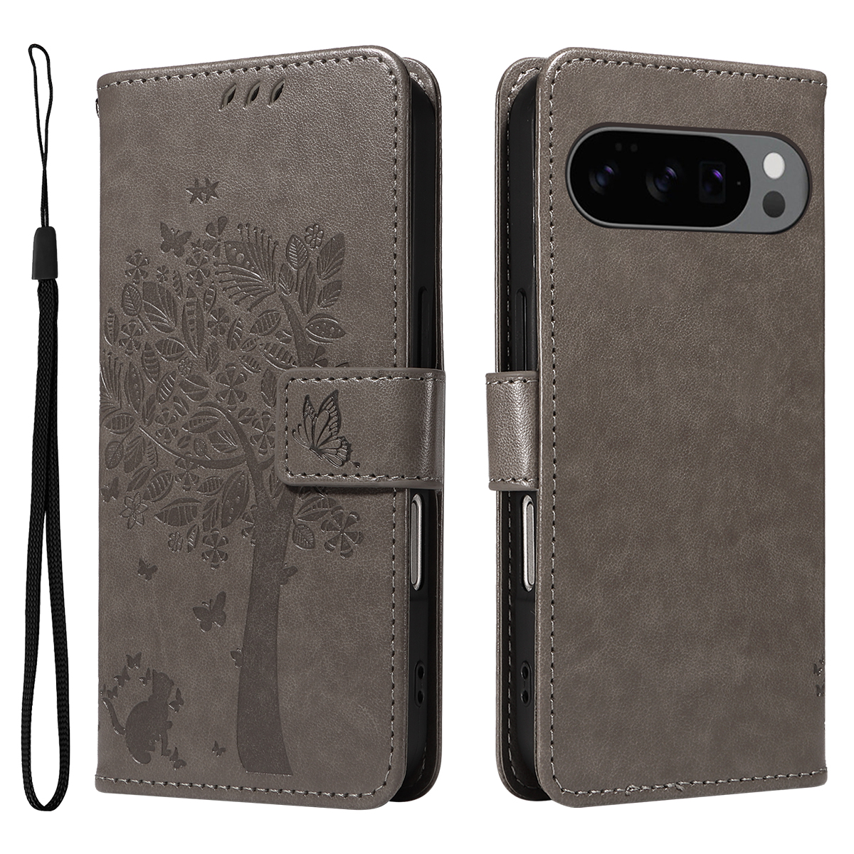 For Google Pixel 10 Pro / Google Pixel 9 / Google Pixel 9 Pro / Google Pixel 10 Phone Case with Stand Cat Tree Pattern Leather Wallet Mobile Cover - Grey