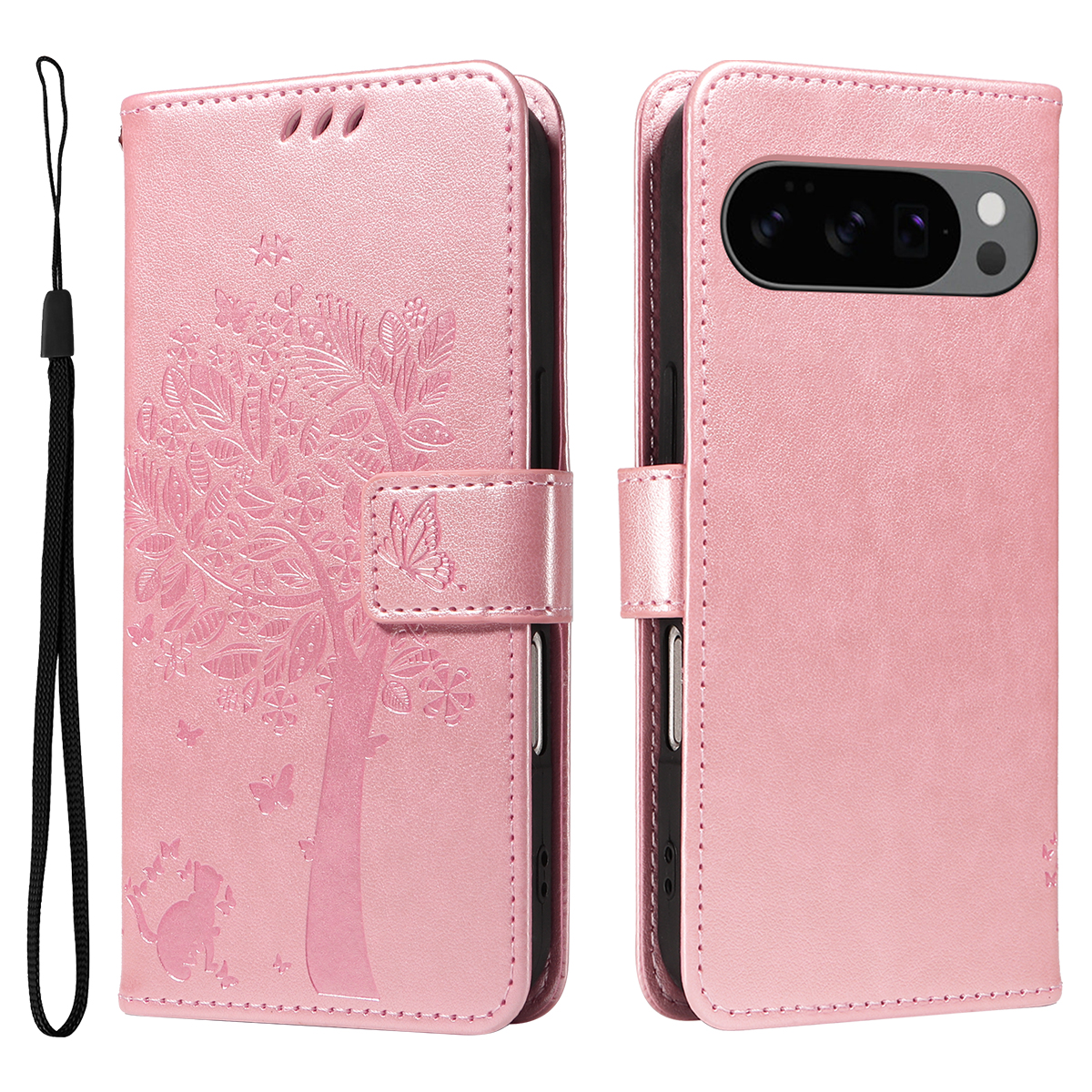 For Google Pixel 10 Pro / Google Pixel 9 / Google Pixel 9 Pro / Google Pixel 10 Phone Case with Stand Cat Tree Pattern Leather Wallet Mobile Cover - Rose Gold