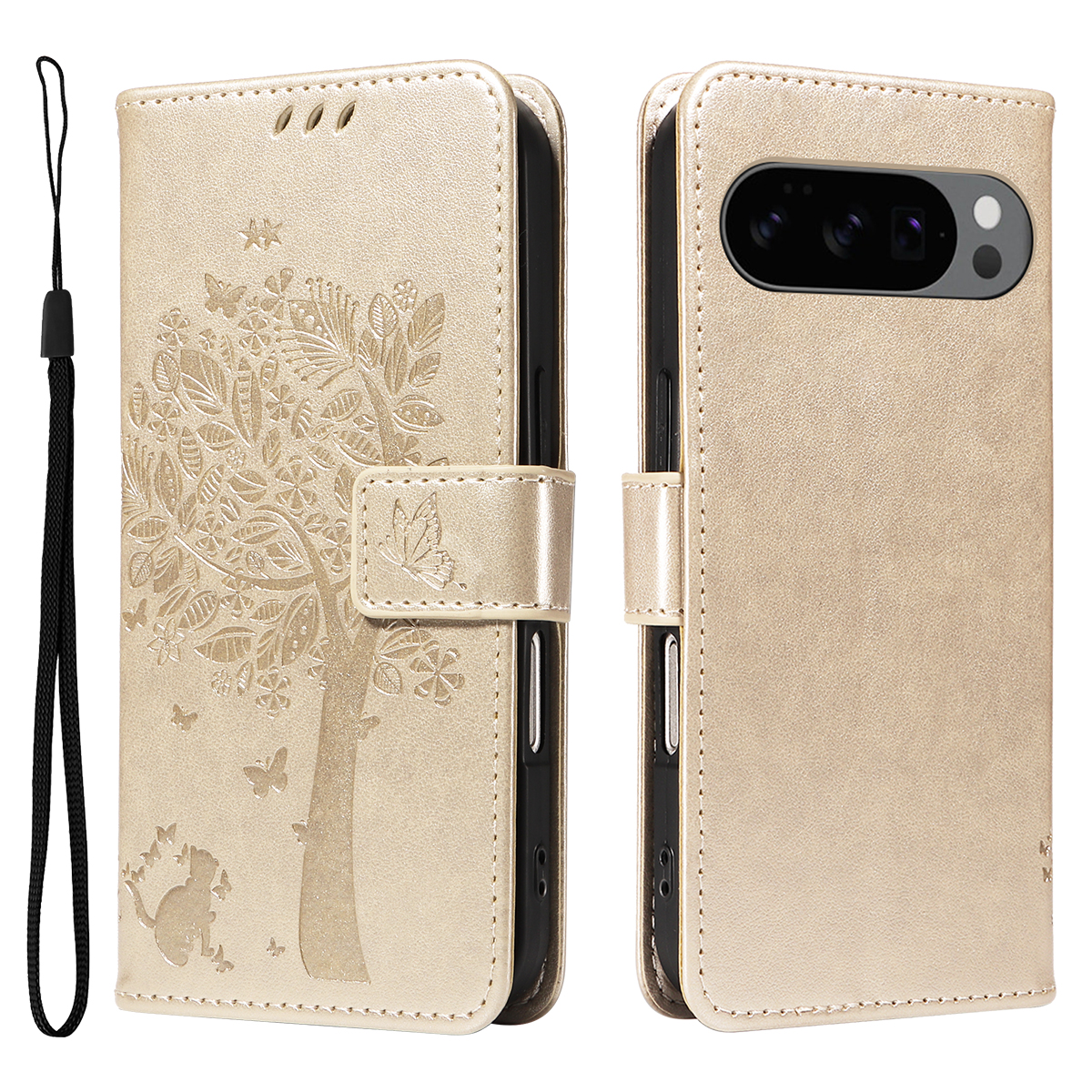 For Google Pixel 10 Pro / Google Pixel 9 / Google Pixel 9 Pro / Google Pixel 10 Phone Case with Stand Cat Tree Pattern Leather Wallet Mobile Cover - Gold