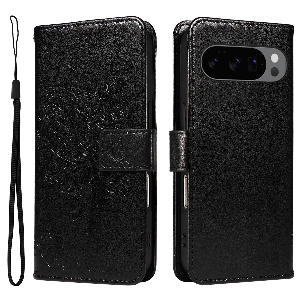 For Google Pixel 10 Pro / Google Pixel 9 / Google Pixel 9 Pro / Google Pixel 10 Phone Case with Stand Cat Tree Pattern Leather Wallet Mobile Cover -  Black