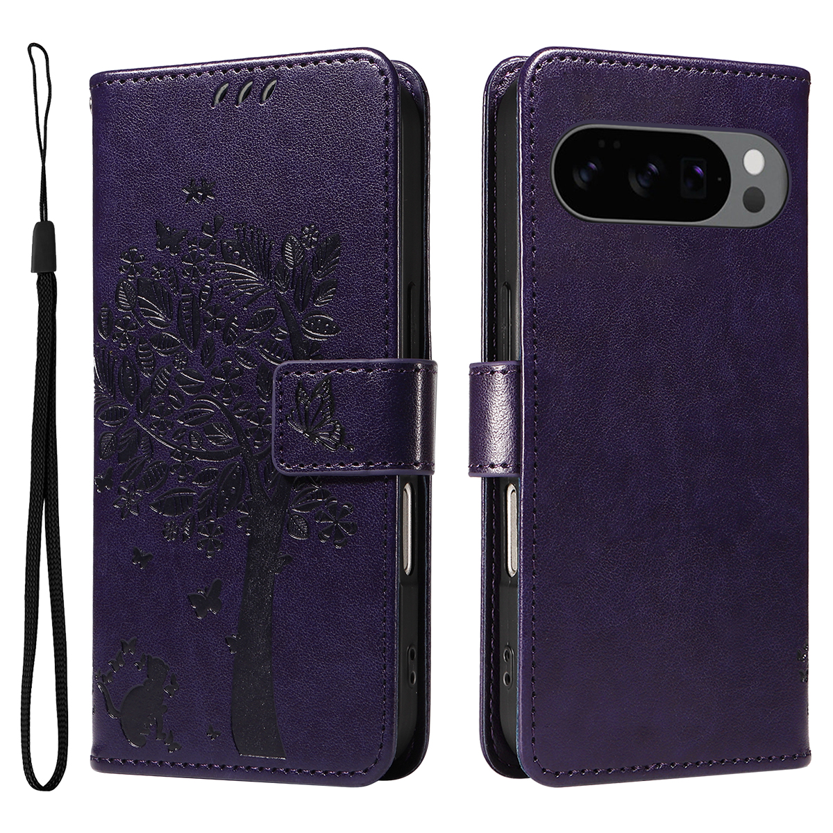 For Google Pixel 10 Pro / Google Pixel 9 / Google Pixel 9 Pro / Google Pixel 10 Phone Case with Stand Cat Tree Pattern Leather Wallet Mobile Cover - Purple