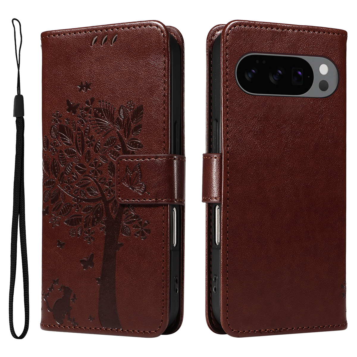 For Google Pixel 10 Pro / Google Pixel 9 / Google Pixel 9 Pro / Google Pixel 10 Phone Case with Stand Cat Tree Pattern Leather Wallet Mobile Cover - Coffee