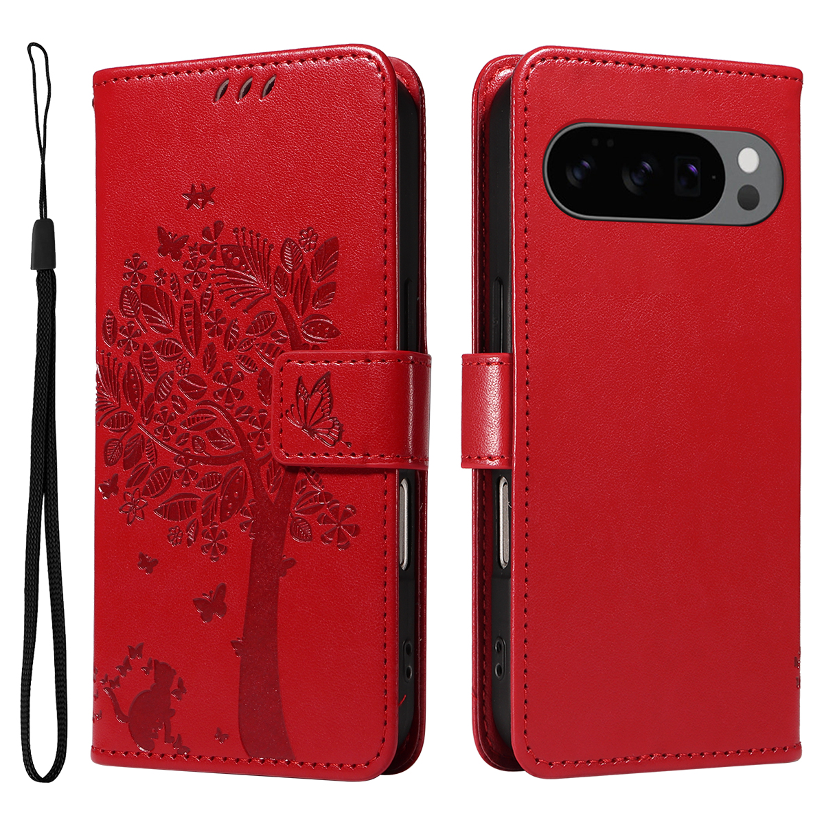 For Google Pixel 10 Pro / Google Pixel 9 / Google Pixel 9 Pro / Google Pixel 10 Phone Case with Stand Cat Tree Pattern Leather Wallet Mobile Cover - Red