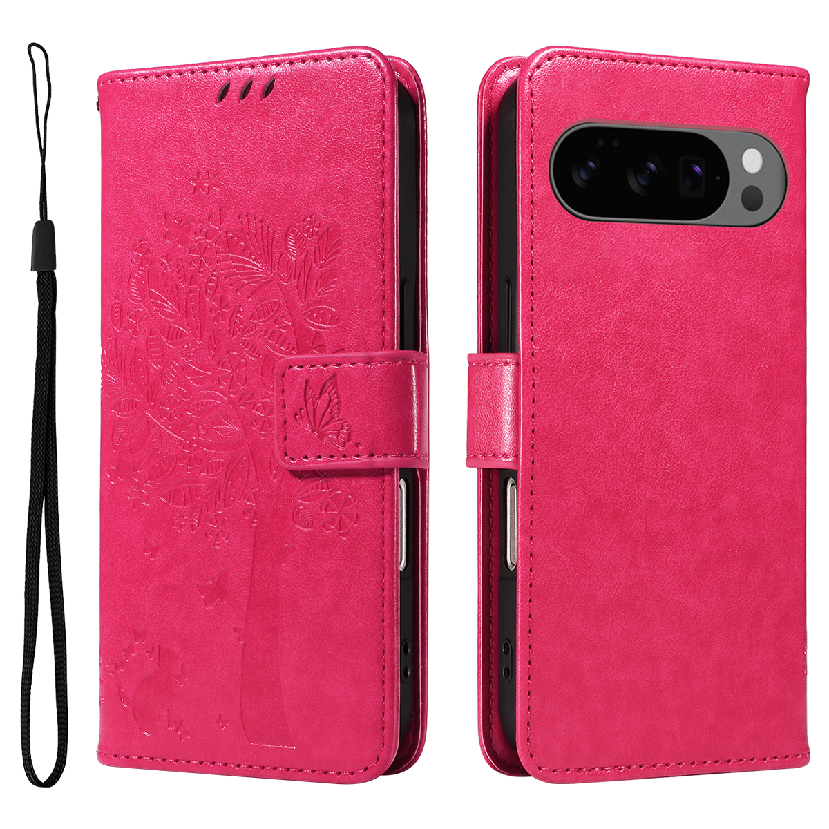 For Google Pixel 10 Pro / Google Pixel 9 / Google Pixel 9 Pro / Google Pixel 10 Phone Case with Stand Cat Tree Pattern Leather Wallet Mobile Cover - Rose