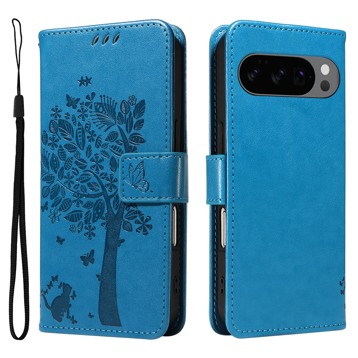 For Google Pixel 10 Pro / Google Pixel 9 / Google Pixel 9 Pro / Google Pixel 10 Phone Case with Stand Cat Tree Pattern Leather Wallet Mobile Cover - Blue