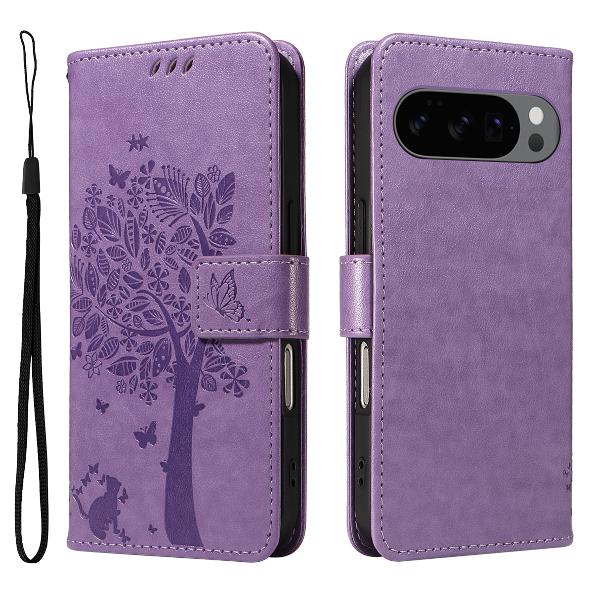 For Google Pixel 10 Pro / Google Pixel 9 / Google Pixel 9 Pro / Google Pixel 10 Phone Case with Stand Cat Tree Pattern Leather Wallet Mobile Cover - Light Purple