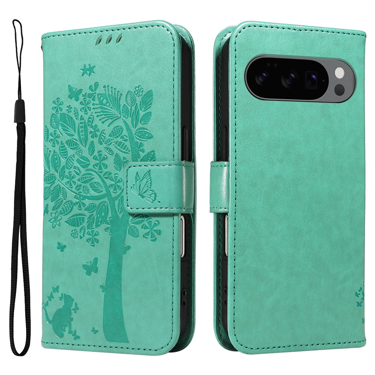 For Google Pixel 10 Pro / Google Pixel 9 / Google Pixel 9 Pro / Google Pixel 10 Phone Case with Stand Cat Tree Pattern Leather Wallet Mobile Cover - Green