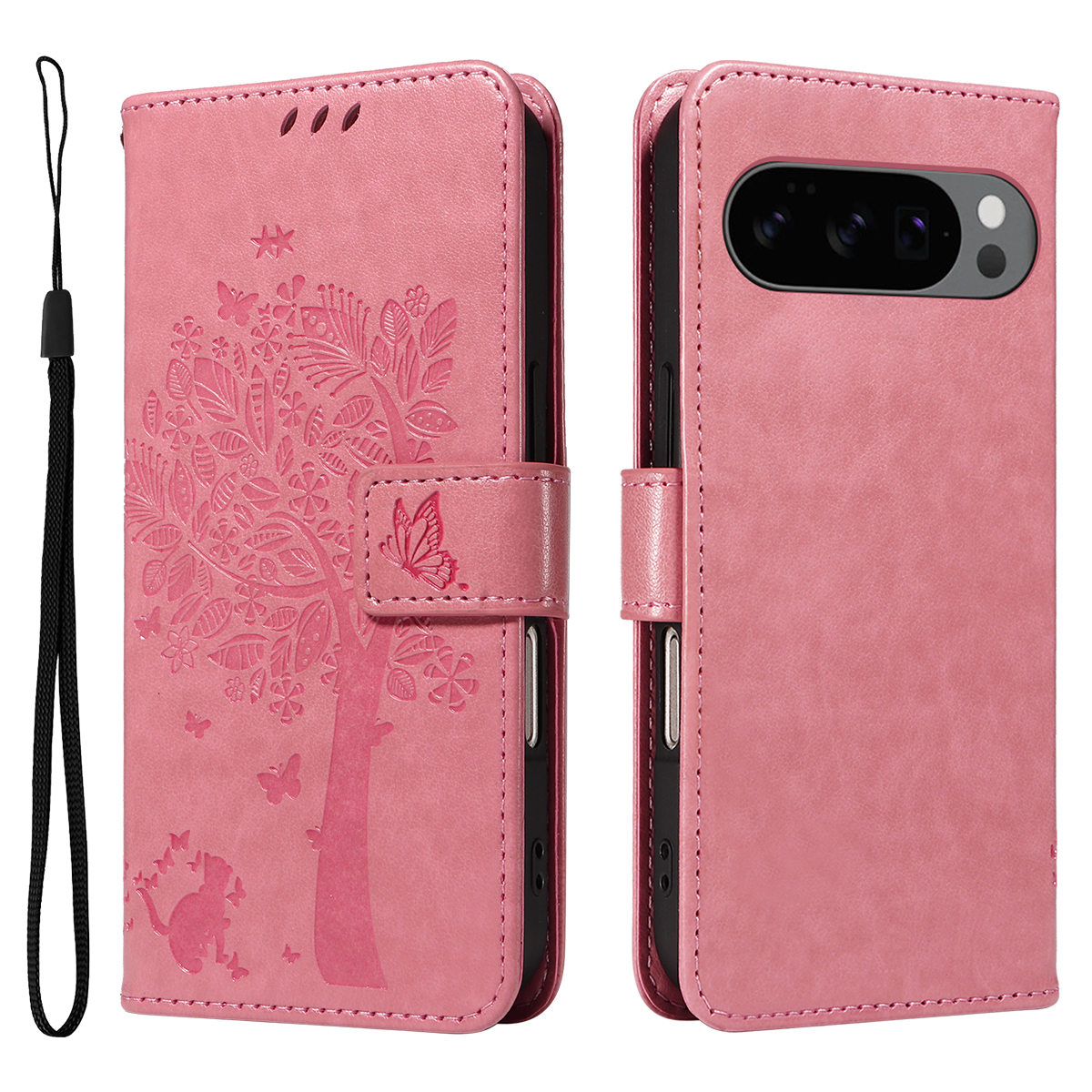 For Google Pixel 10 Pro / Google Pixel 9 / Google Pixel 9 Pro / Google Pixel 10 Phone Case with Stand Cat Tree Pattern Leather Wallet Mobile Cover - Pink