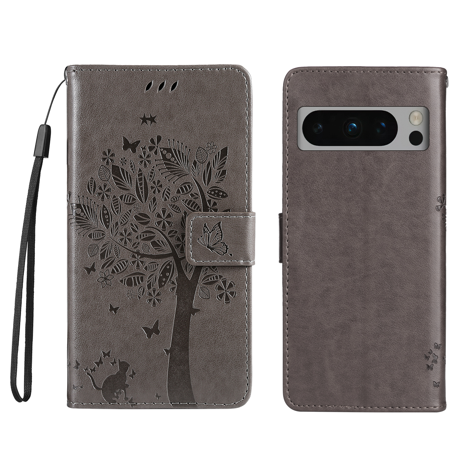 For Google Pixel 8 Pro Phone Case with Stand Cat Tree Pattern Leather Wallet Mobile Cover - Grey